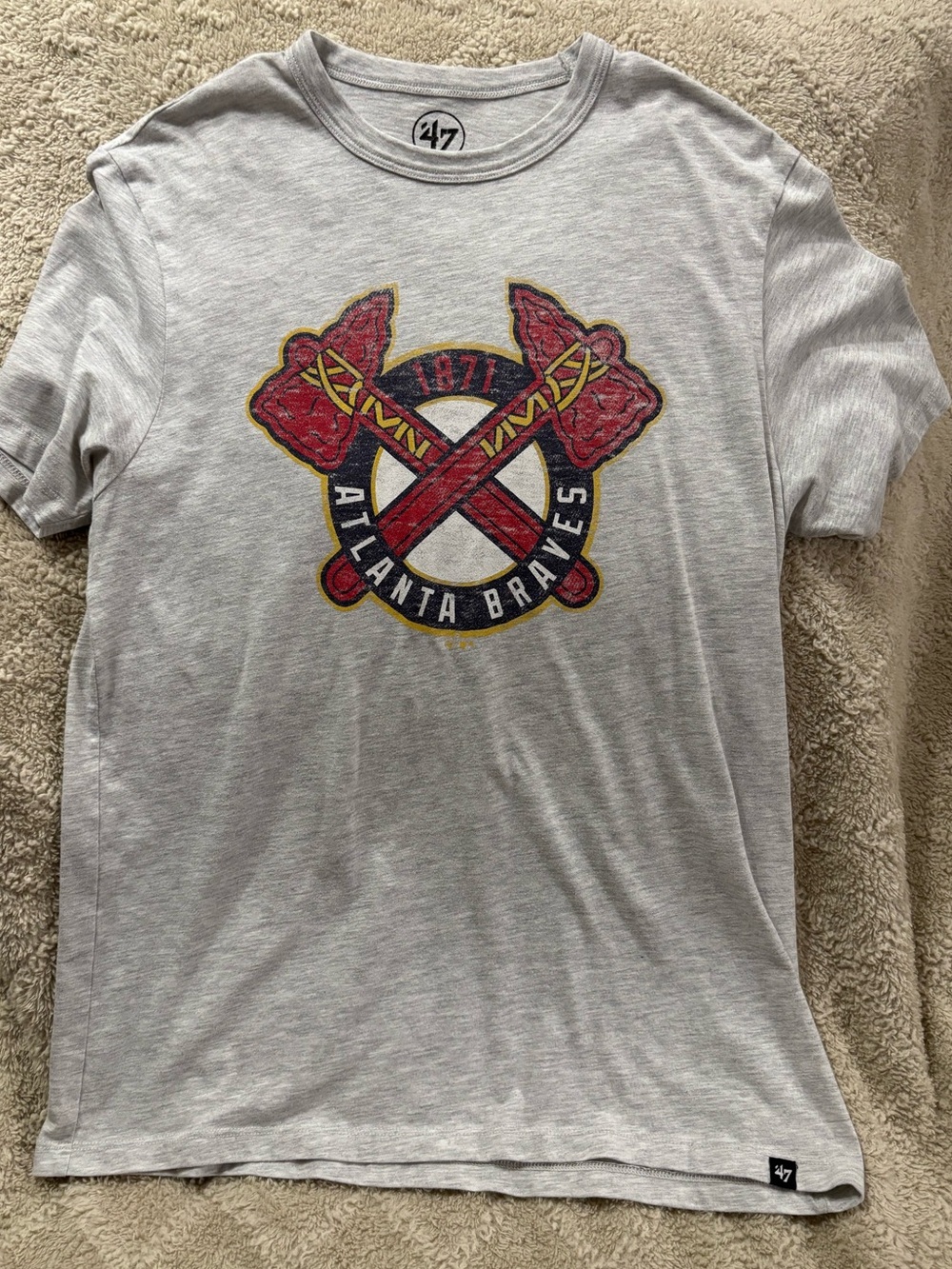 47 Atlanta Braves Gray Tee with Red & Gold Tomahawks
